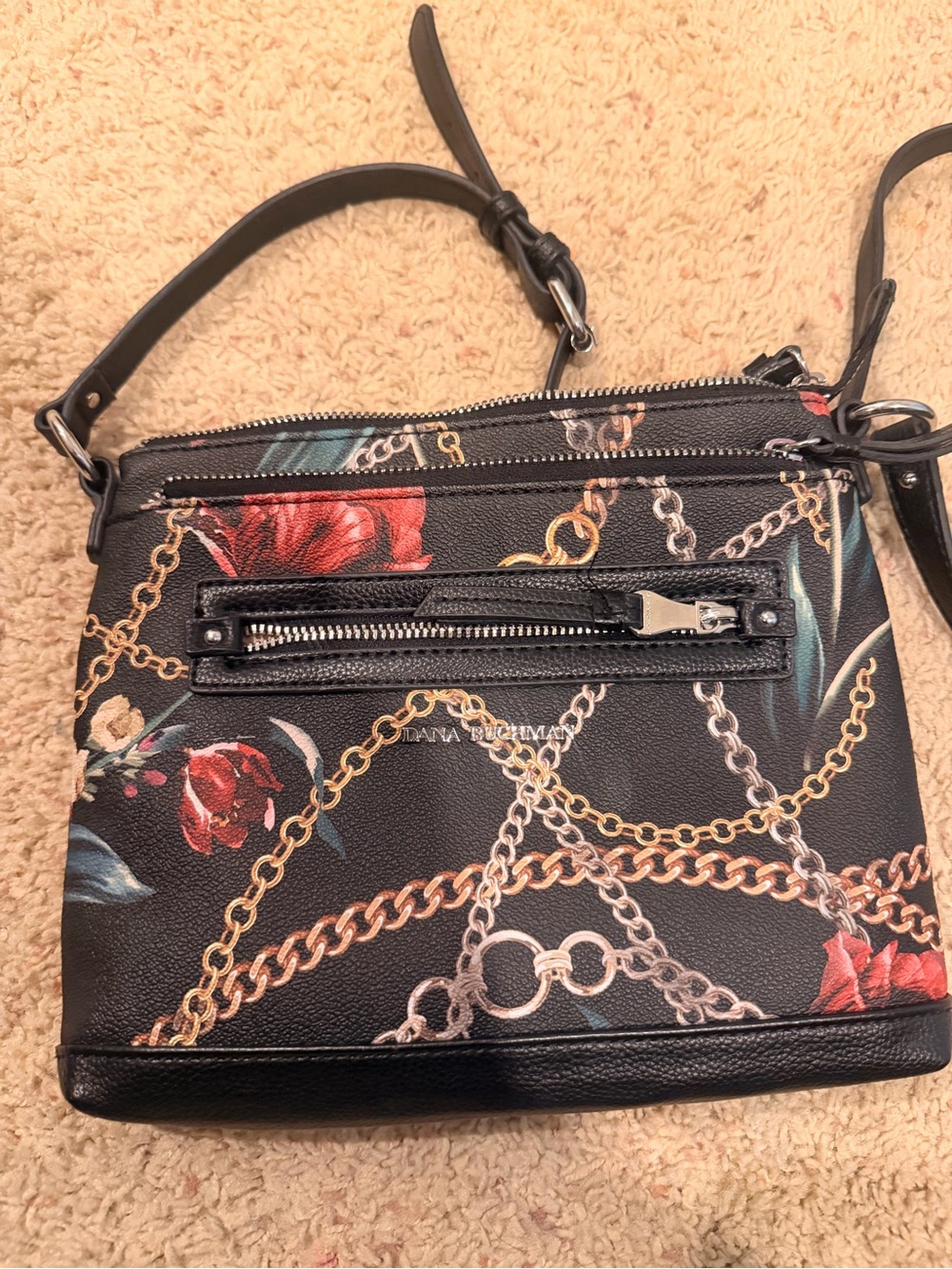 Dana Buchman Black Floral & Chain Print Crossbody Bag